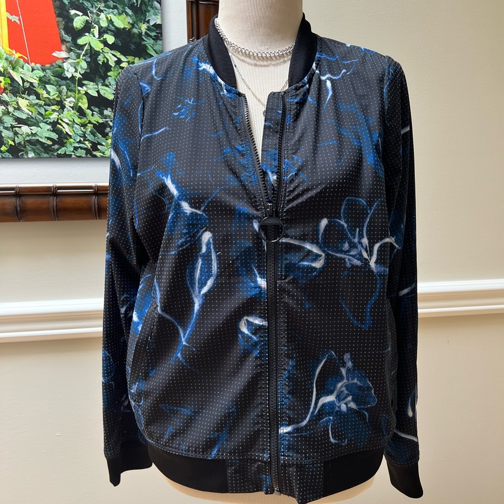 DONNA KARAN Bomber Jacket in Blue and Black with Elegant Print